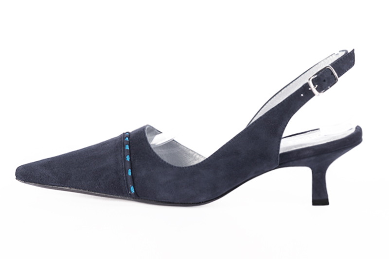 Navy blue women's slingback shoes. Pointed toe. Medium spool heels. Profile view - Florence KOOIJMAN